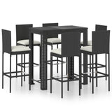 7 Piece Outdoor Bar Set with Cushions Poly Rattan Black - Front View