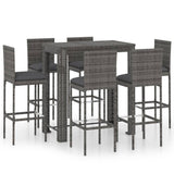 7 Piece Outdoor Bar Set with Cushions Poly Rattan Grey - Front View