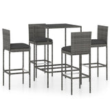 5 Piece Garden Bar Set with Cushions Poly Rattan Grey - Front View