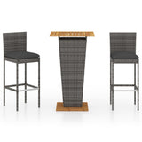 3 Piece Garden Bar Set with Cushions Poly Rattan Grey - Front View