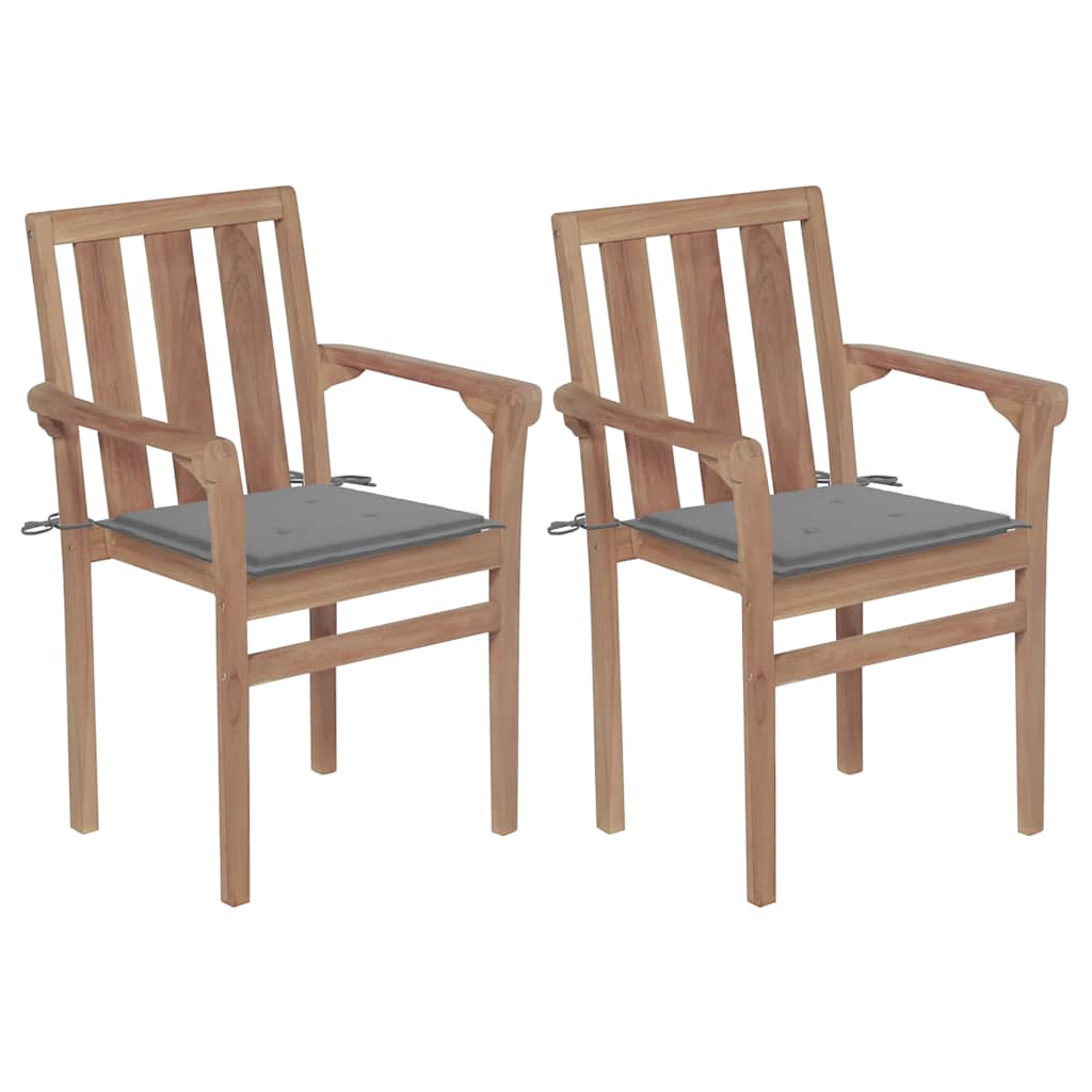 Garden Chairs 2 pcs with Grey Cushions Solid Teak Wood