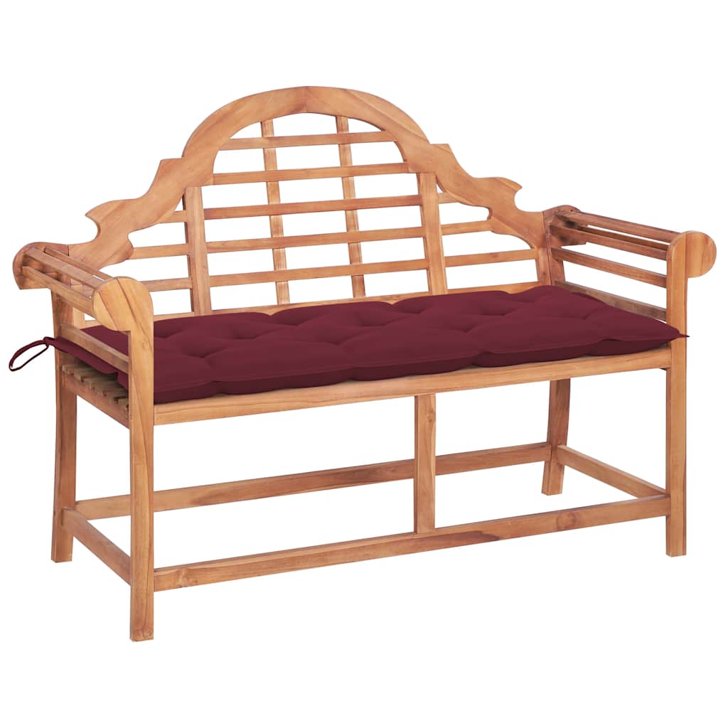 Garden Bench with Wine Red Cushion 120 cm Solid Teak Wood