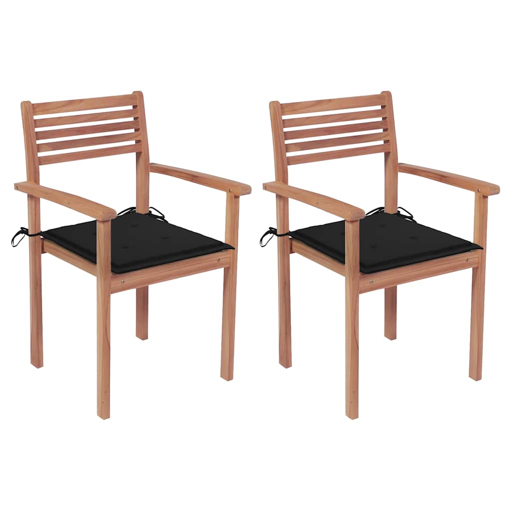 Garden Chairs 2 pcs with Black Cushions Solid Teak Wood