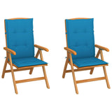 Folding Chairs 2 pcs with Blue Cushions Solid Teak Wood