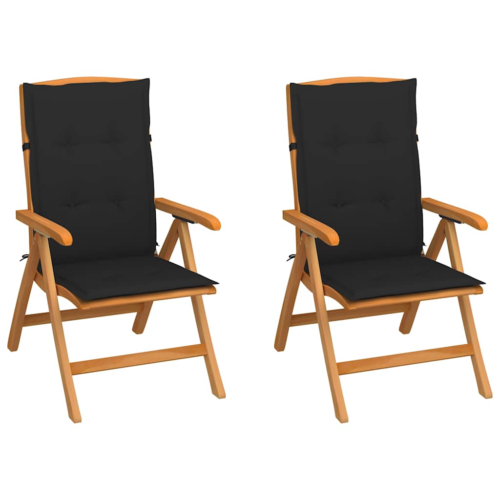 Folding Chairs 2 pcs with Black Cushions Solid Teak Wood