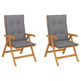 Folding Chairs 2 pcs with Grey Cushions Solid Teak Wood