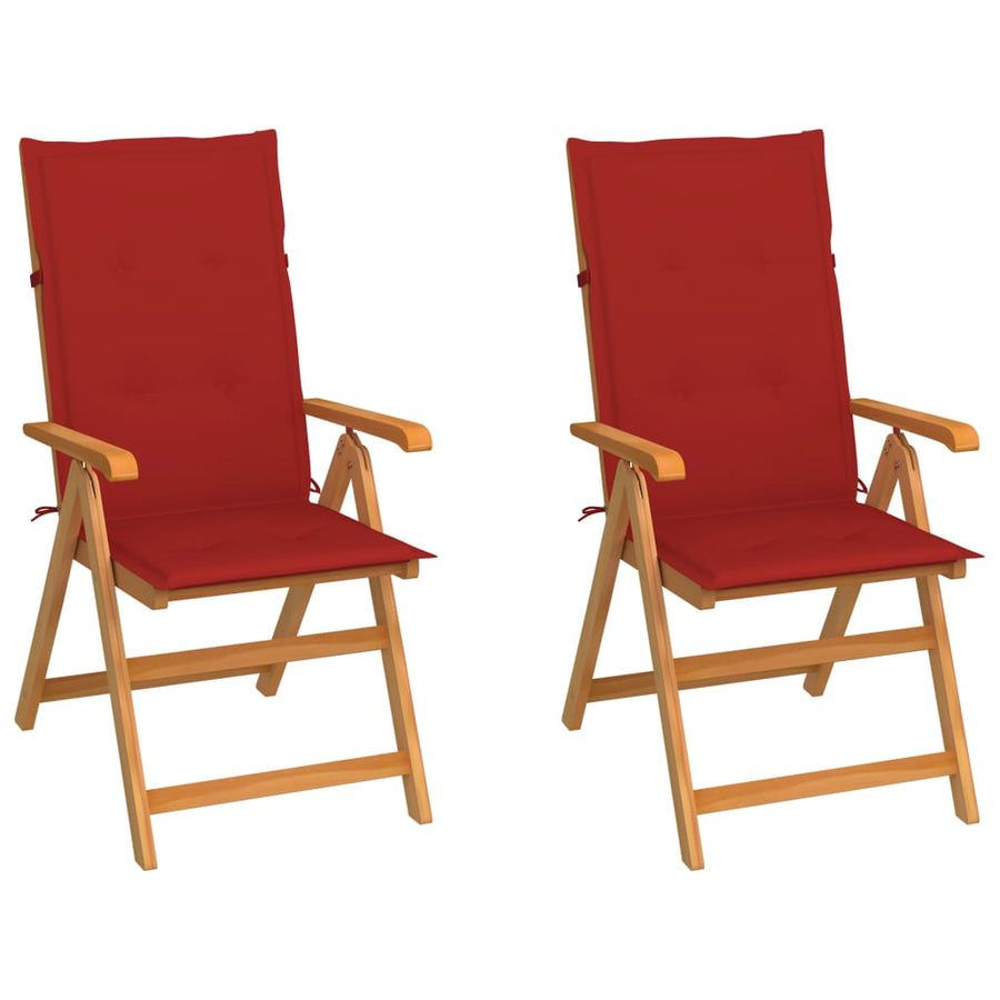 Folding Chairs 2 pcs with Red Cushions Solid Teak Wood
