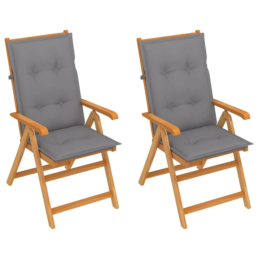 Folding Chairs 2 pcs with Grey Cushions Solid Teak Wood
