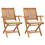Folding Chairs 2 pcs with Cream Cushions Solid Teak Wood