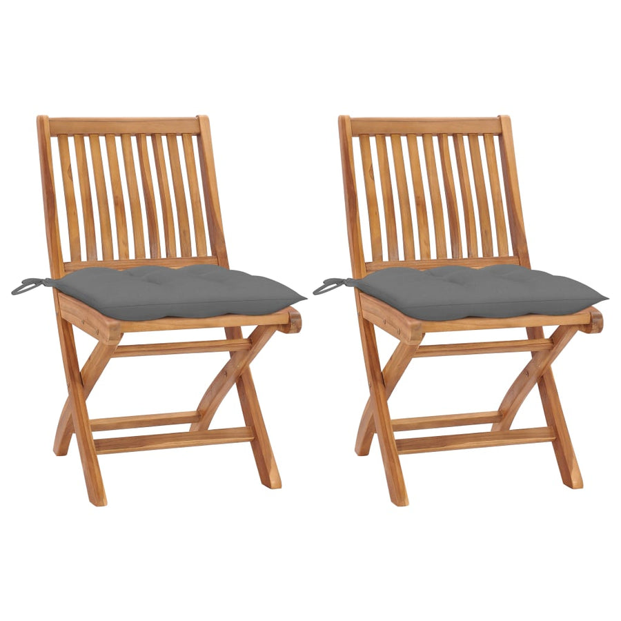 Folding Chairs 2 pcs with Grey Cushions Solid Teak Wood