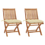 Folding Chairs 2 pcs with Cream White Cushions Solid Teak Wood