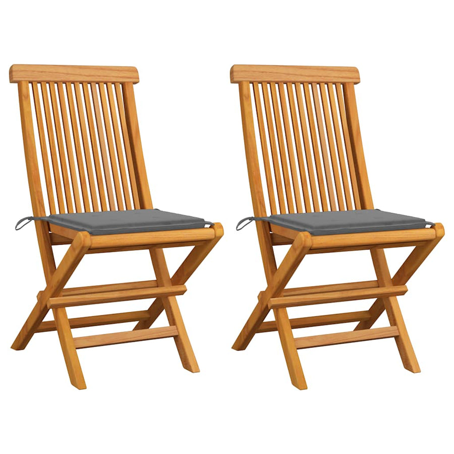 Folding Chairs with Grey Cushions 2 pcs Solid Teak Wood