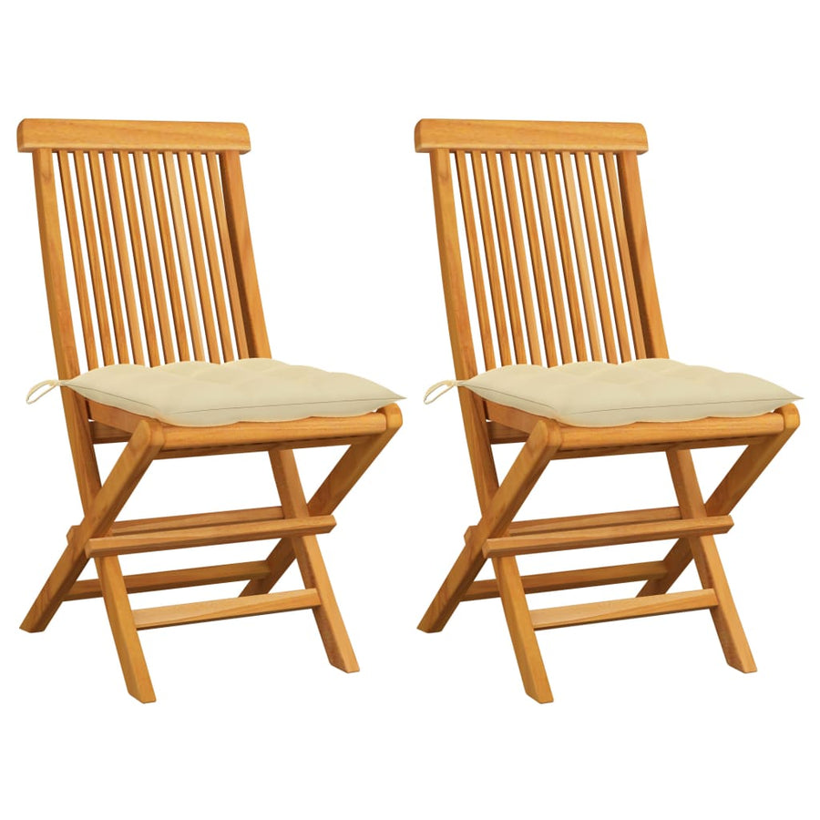Folding Chairs with Cream White Cushions 2 pcs Solid Teak Wood
