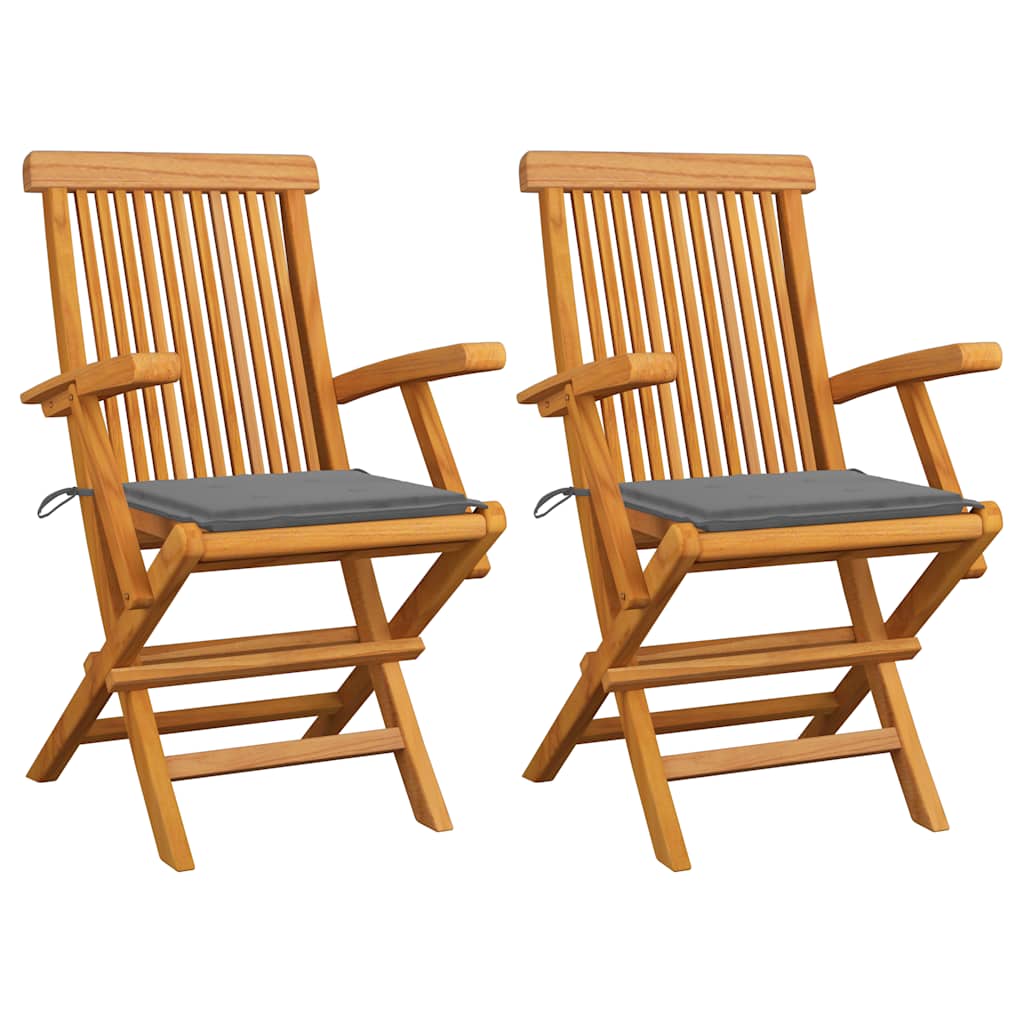Garden Chairs with Grey Cushions 2 pcs Solid Teak Wood