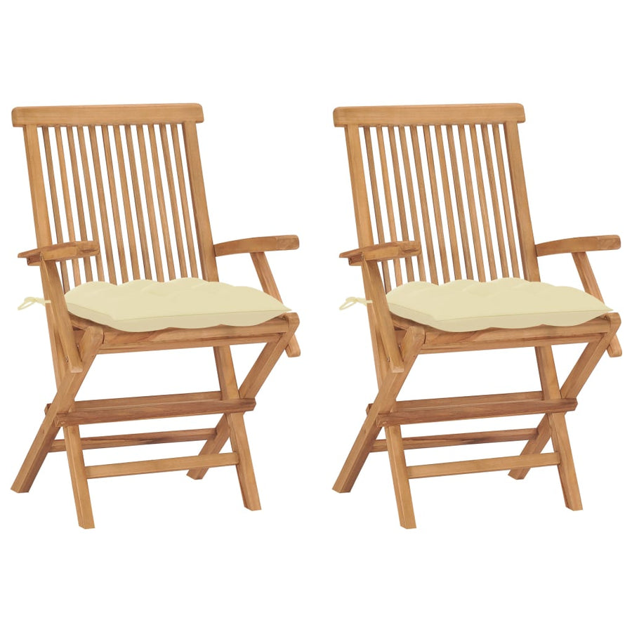 Folding Chairs with Cream White Cushions 2 pcs Solid Teak Wood