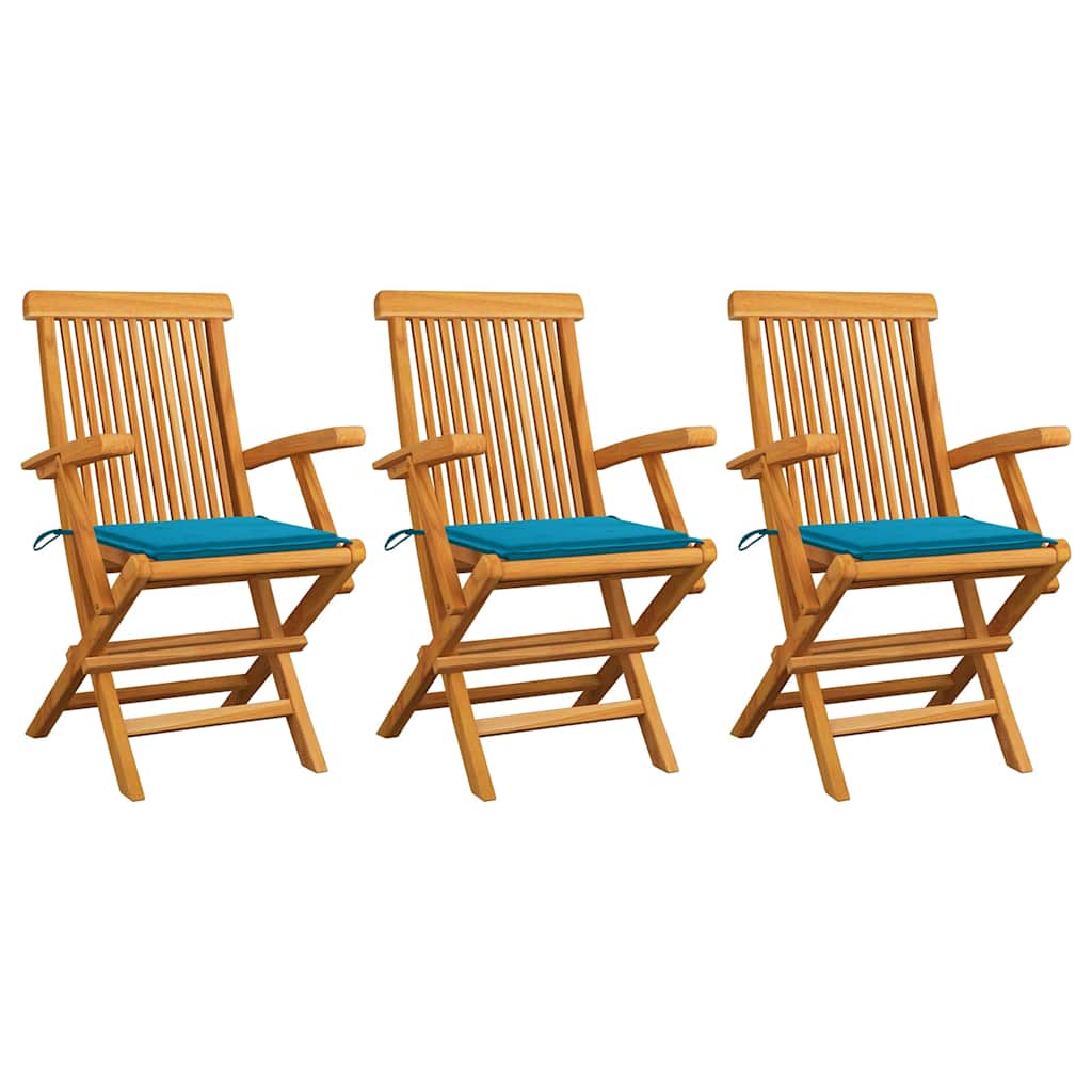 Folding Chairs with Blue Cushions 3 pcs Solid Teak Wood