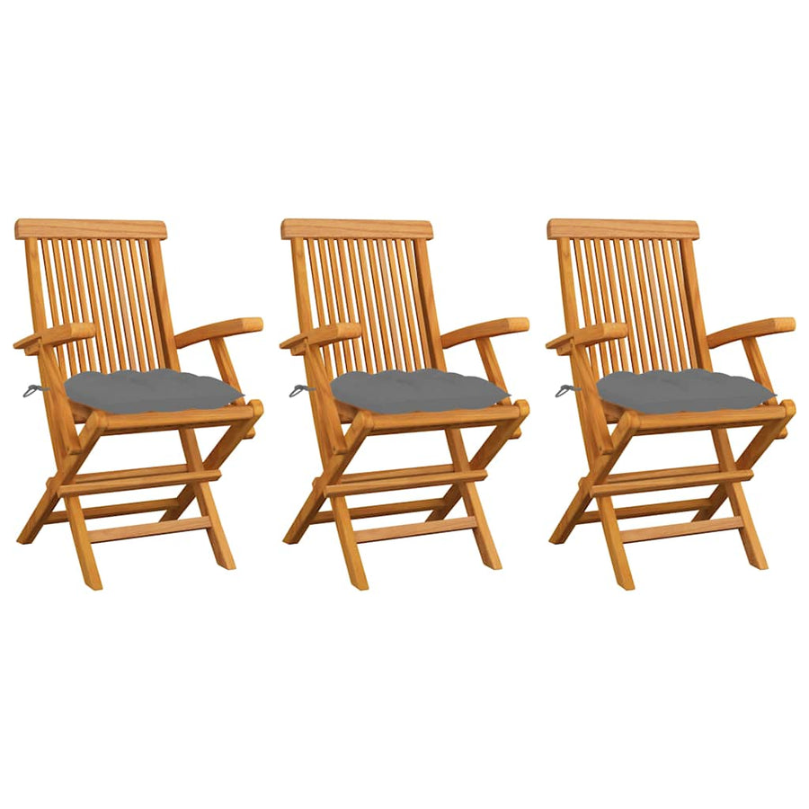 Folding Chairs with Grey Cushions 3 pcs Solid Teak Wood