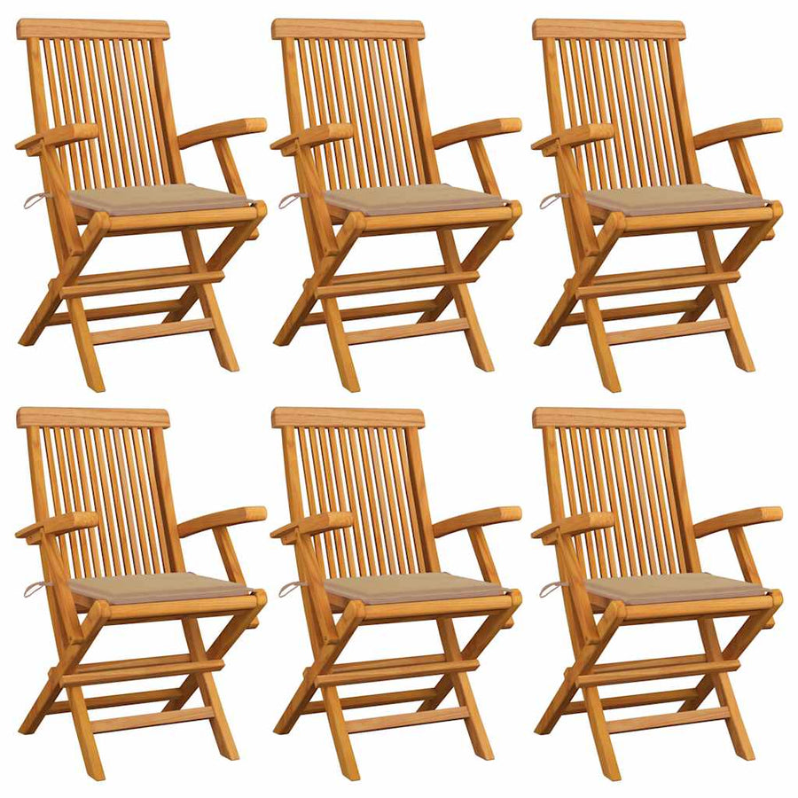 Folding Chairs with Beige Cushions 6 pcs Solid Teak Wood