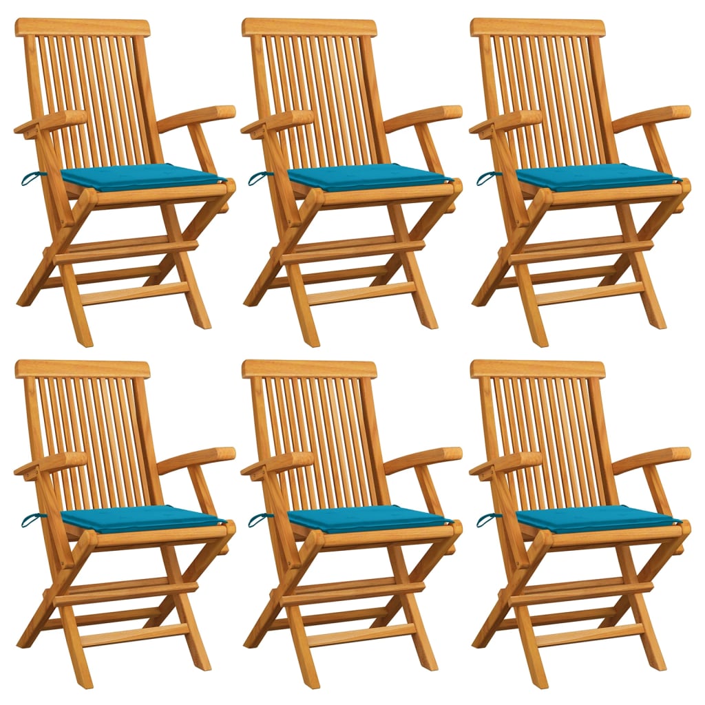 Folding Chairs with Blue Cushions 6 pcs Solid Teak Wood