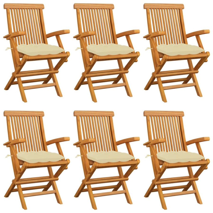 Folding Chairs with Cream White Cushions 6 pcs Solid Teak Wood