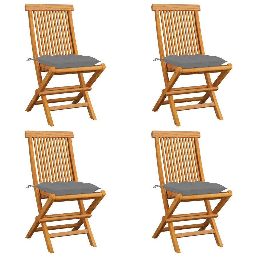 Folding Chairs with Grey Cushions 4 pcs Solid Teak Wood
