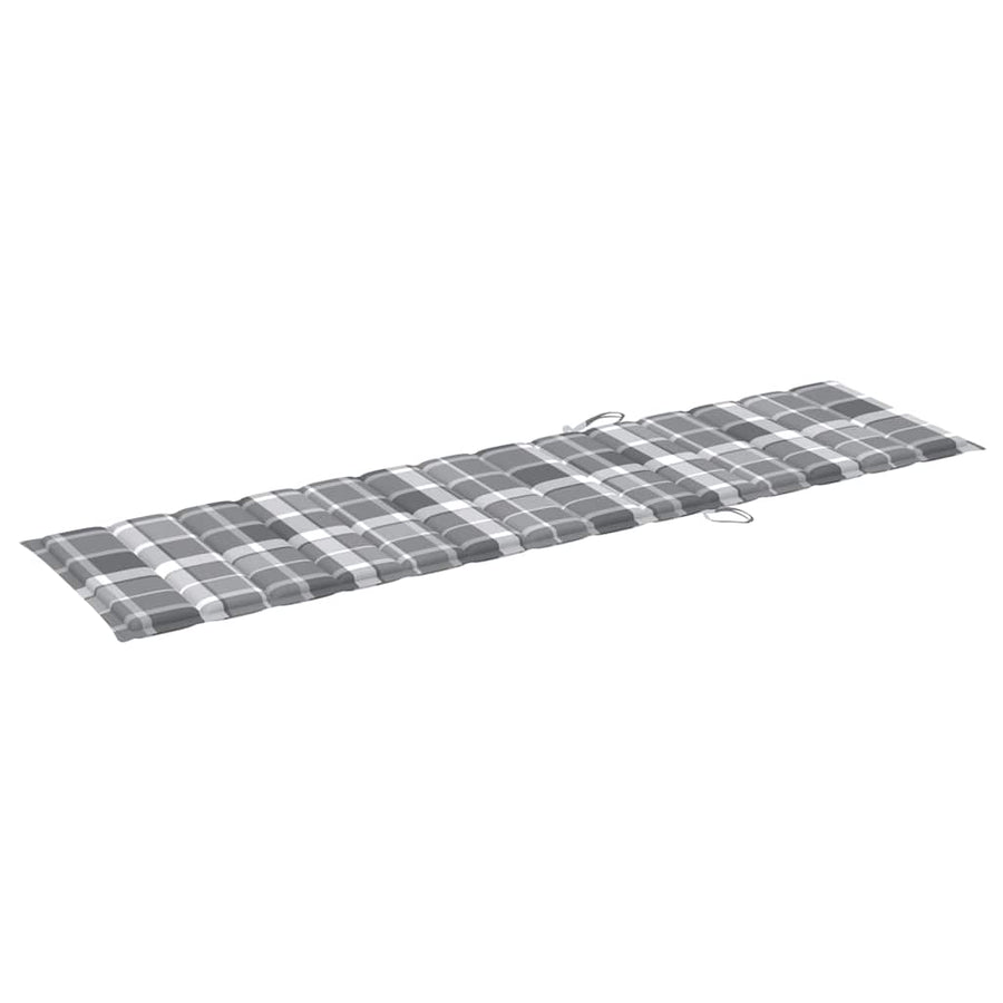 Sun Lounger with Grey Check Pattern Cushion Solid Teak Wood