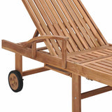 Sun Lounger with Grey Check Pattern Cushion Solid Teak Wood - Low Angle