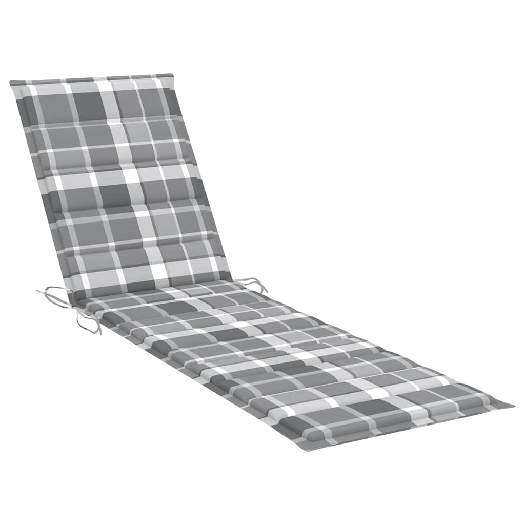 Sun Lounger with Grey Check Pattern Cushion Solid Teak Wood