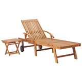 Sun Lounger with Table and Cushion Solid Teak Wood - Front View