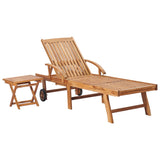 Sun Lounger with Table and Cushion Solid Teak Wood - Front View