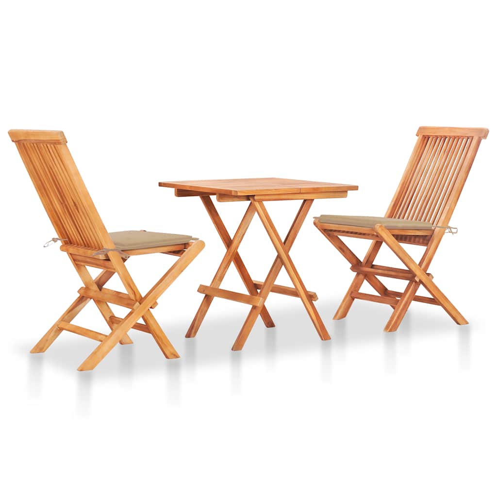 3 Piece Bistro Set with Beige Cushions Solid Teak Wood