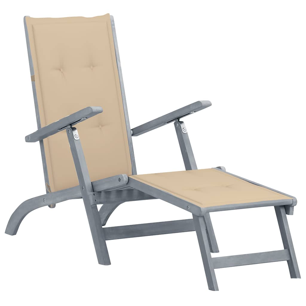 Outdoor Deck Chair with Footrest and Cushion Solid Acacia Wood