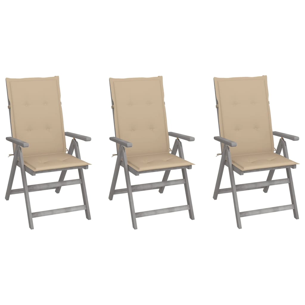 Garden Reclining Chairs 3 pcs with Cushions Solid Acacia Wood