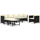 7 Piece Garden Lounge Set with Cushions Poly Rattan Black - Front View