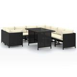 9 Piece Garden Lounge Set with Cushions Poly Rattan Black - Front View