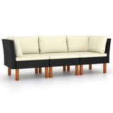 3-Seater Garden Sofa with Cushions Black Poly Rattan - Front View