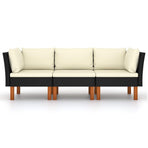 3-Seater Garden Sofa with Cushions Black Poly Rattan