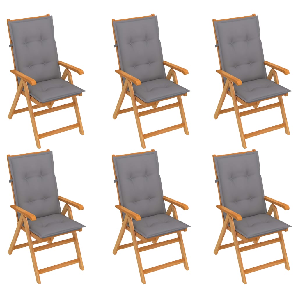 Folding Chairs 6 pcs with Grey Cushions Solid Teak Wood