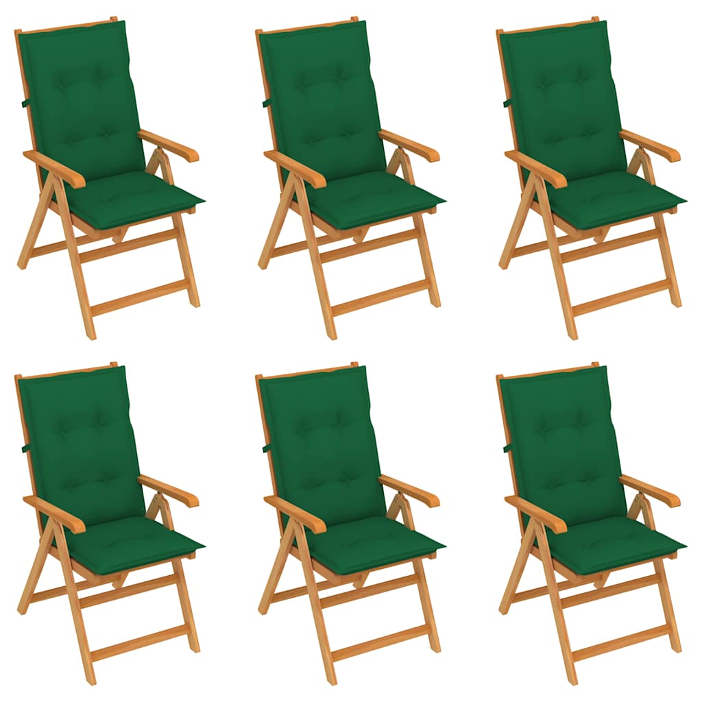 Folding Chairs 6 pcs with Green Cushions Solid Teak Wood