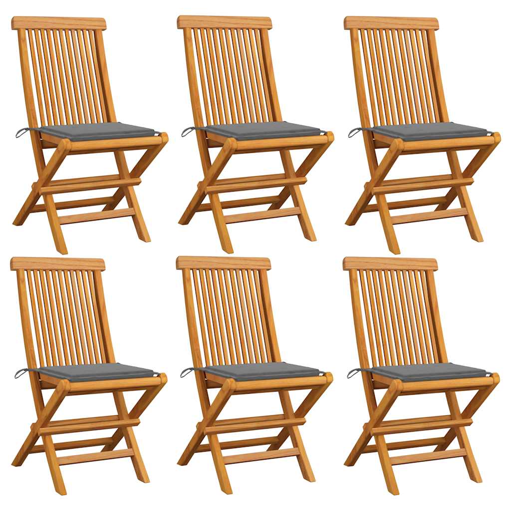 Folding Chairs with Grey Cushions 6 pcs Solid Teak Wood