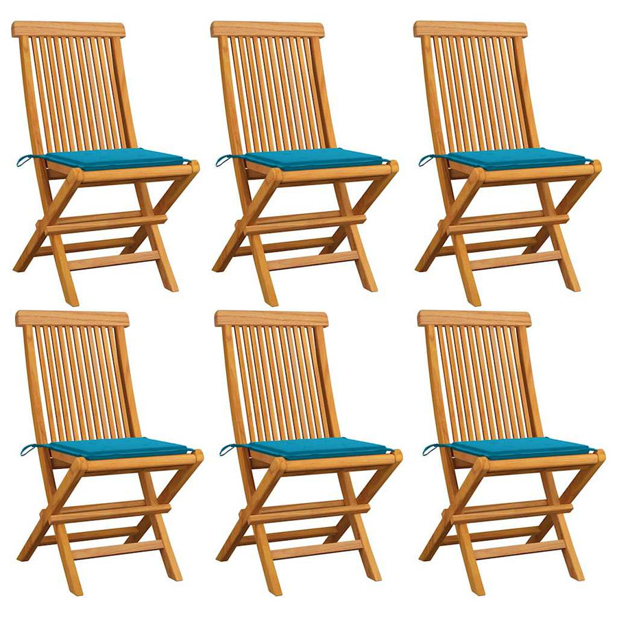 Folding Chairs with Blue Cushions 6 pcs Solid Teak Wood