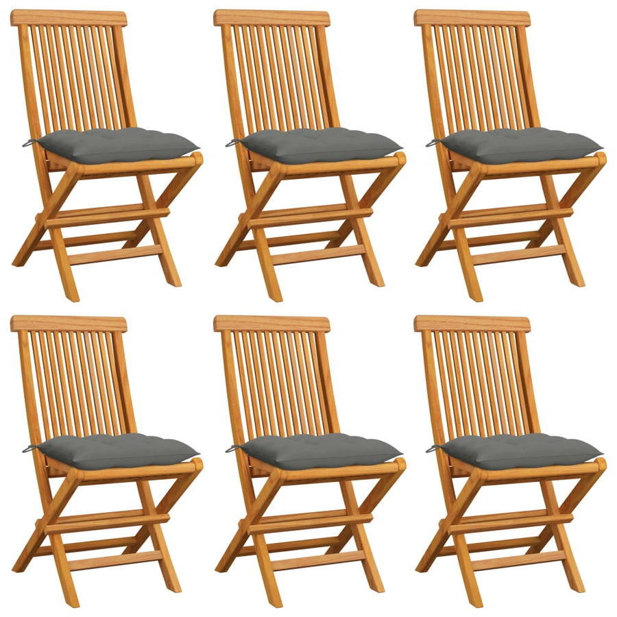 Folding Chairs with Grey Cushions 6 pcs Solid Teak Wood