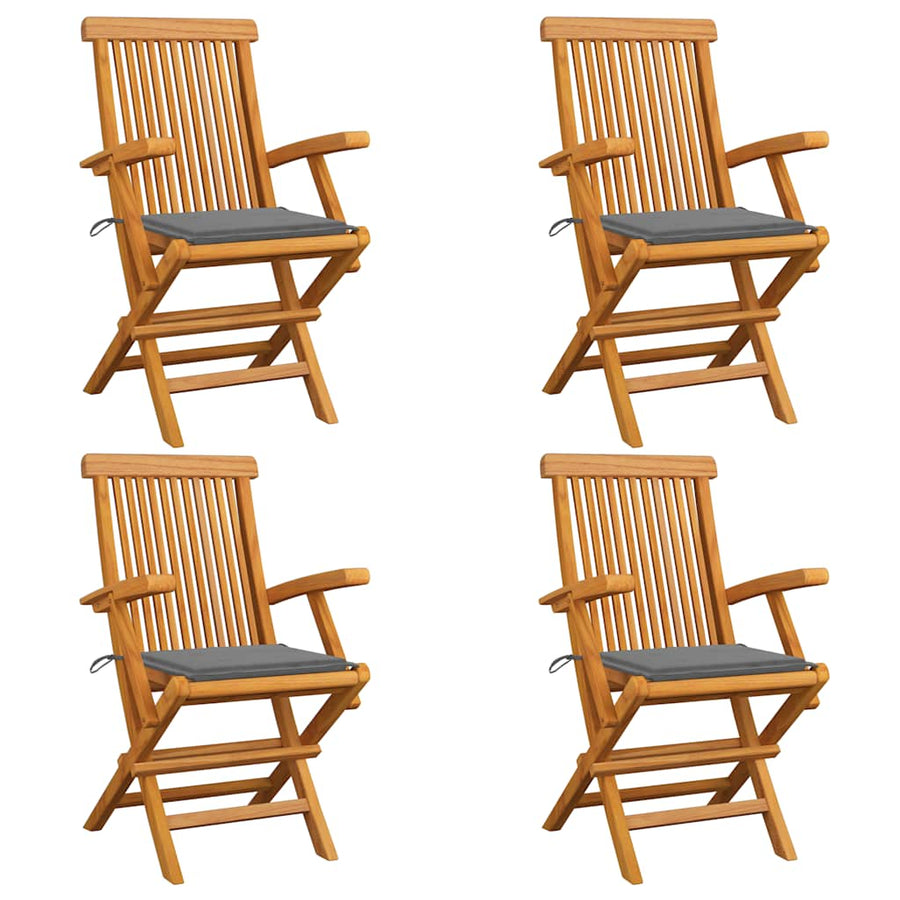 Folding Chairs with Grey Cushions 4 pcs Solid Teak Wood