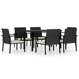 7 Piece Garden Dining Set Poly Rattan Black - Front View