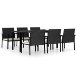 7 Piece Garden Dining Set Poly Rattan Black - Front View