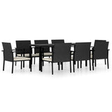 9 Piece Garden Dining Set Poly Rattan Black - Front View