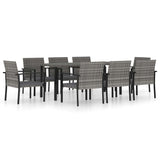 9 Piece Garden Dining Set Poly Rattan Grey - Front View
