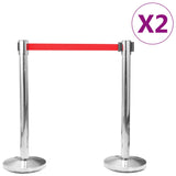 Stanchions with Belts 4 pcs Airport Barrier Stainless Steel Silver - Front View