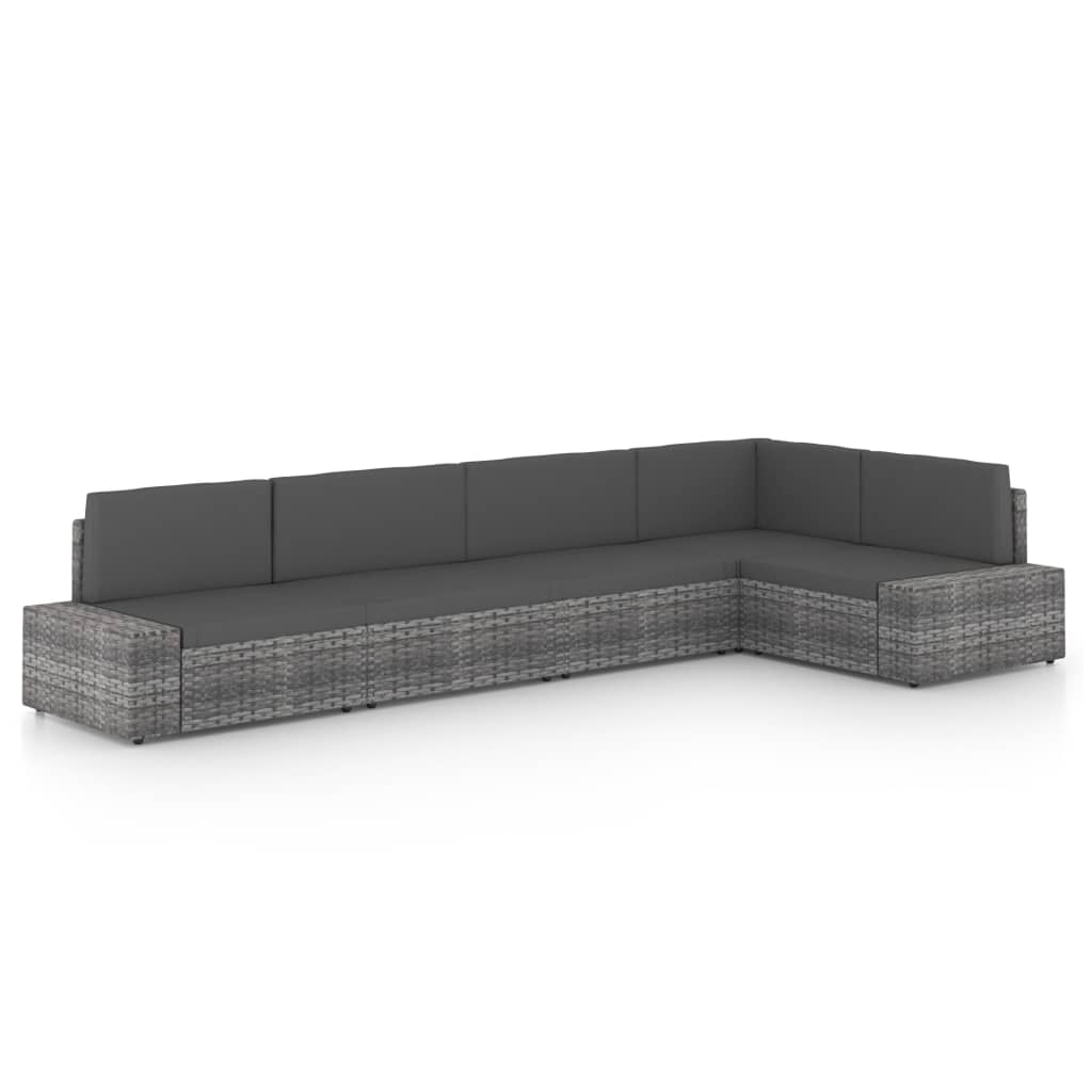 5 Piece Garden Lounge Set with Cushions Grey Poly Rattan
