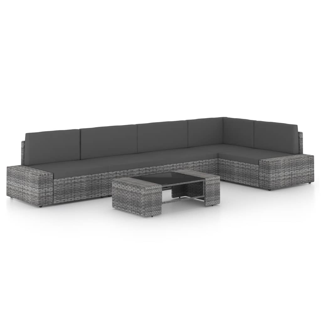 6 Piece Garden Lounge Set with Cushions Grey Poly Rattan